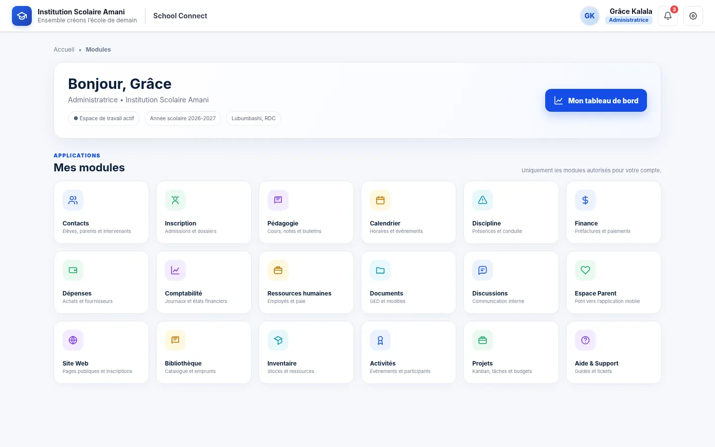 Accueil des applications School Connect affiché dans une tablette